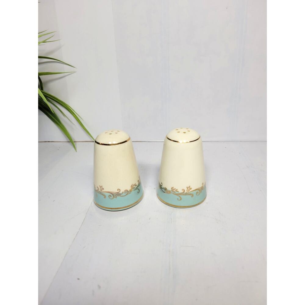Vintage Lifetime China Gold Crown Salt Pepper Shakers Aqua Teal Homer Laughlin